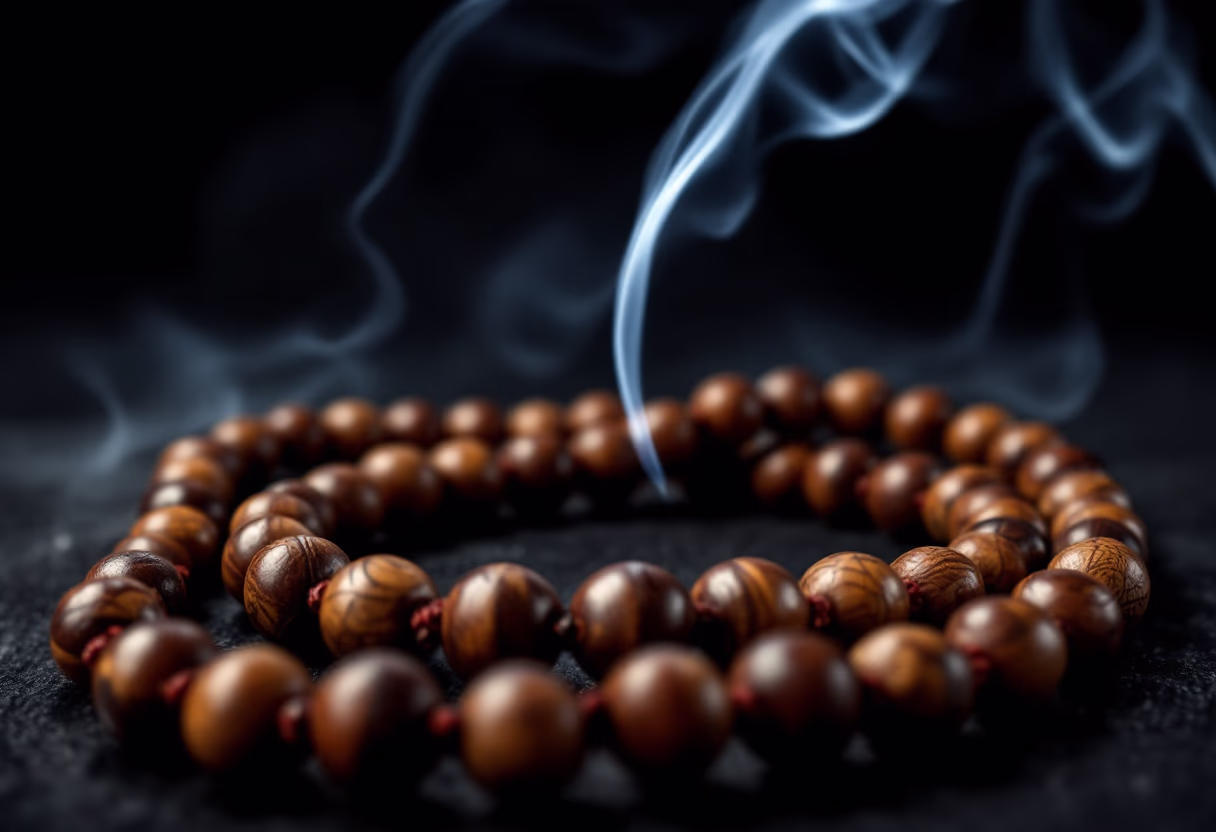 image of prayer beads and incense in a temple